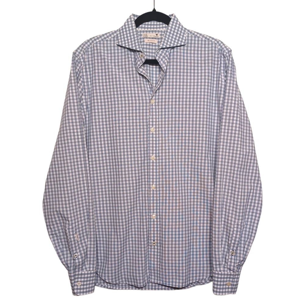 H.E BY MANGO Shepard Check Blue White Plaid Print Button Front Slim Fit Shirt 6